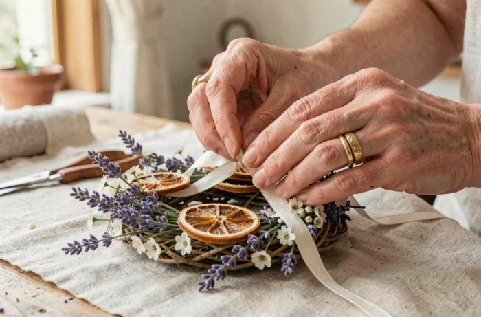 Mains féminines assemblant une couronne florale artisanale avec de la lavande, des tranches d'orange séchées et de petites fleurs blanches sur un plan de travail en lin