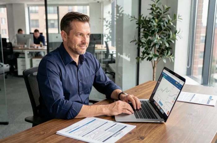 Courtier en assurance travaillant sur une plateforme extranet AXA depuis son bureau professionnel