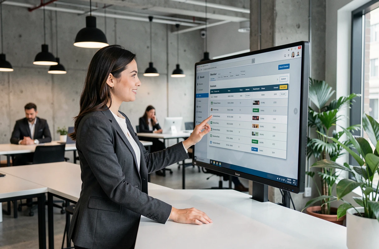 Courtière utilisant une plateforme numérique de gestion de contrats d'assurance dans un espace de coworking