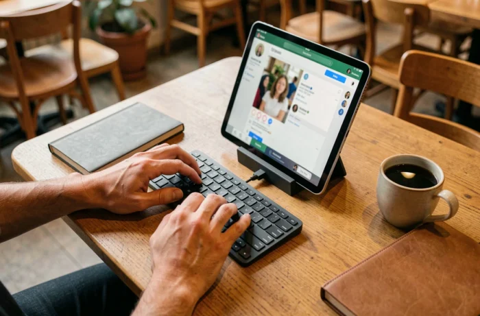Mains d'une personne configurant un profil anonyme sur tablette dans un café avec clavier sans fil