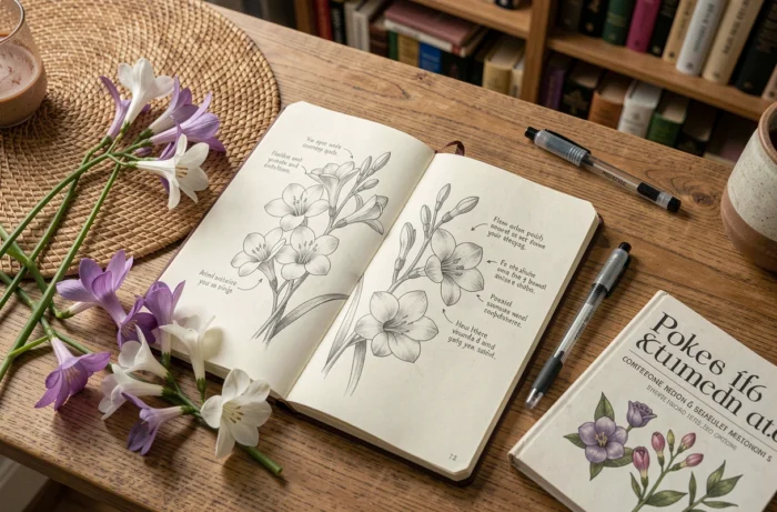 Carnet de croquis ouvert avec un dessin de tatouage de freesia entouré de fleurs fraîches et d'un stylo sur un bureau en bois
