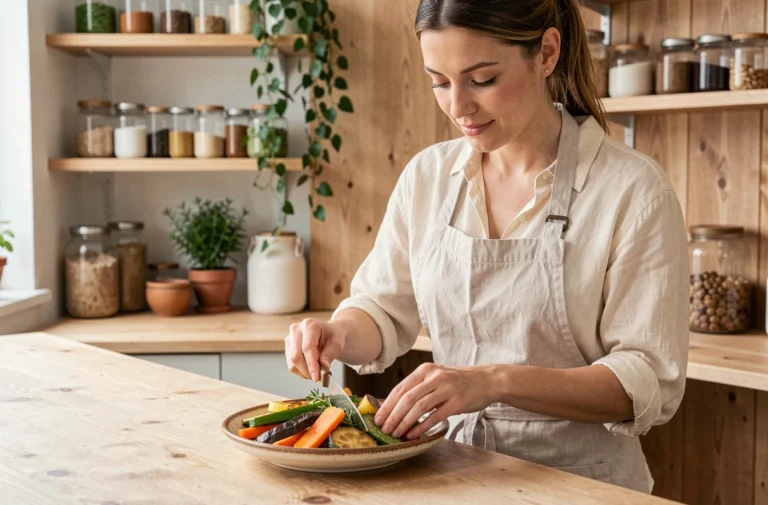 Femme préparant une assiette de légumes rôtis colorés dans une cuisine végétarienne chaleureuse et bien organisée