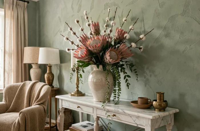 Décoration intérieure raffinée avec un grand vase en céramique rempli de fleurs séchées posé sur une console en marbre dans un salon élégant