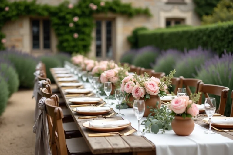 Table de mariage élégante en plein air dans un jardin de campagne française avec pivoines roses, verres dorés et guirlandes d'eucalyptus