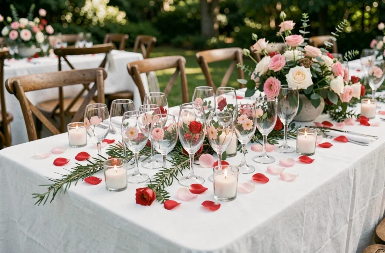 Table de mariage décorée avec des verres ornés de manière créative, entourés de pétales de rose et de verdure sur une nappe en lin blanc