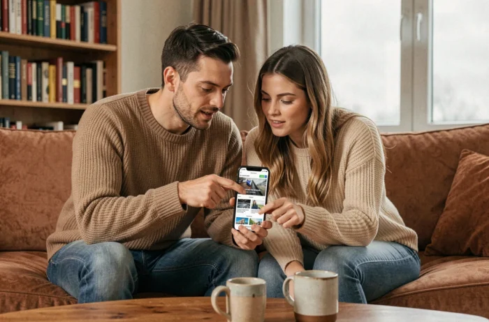 Deux personnes explorant ensemble les thématiques et rubriques d'un site d'actualités sur smartphone dans un salon