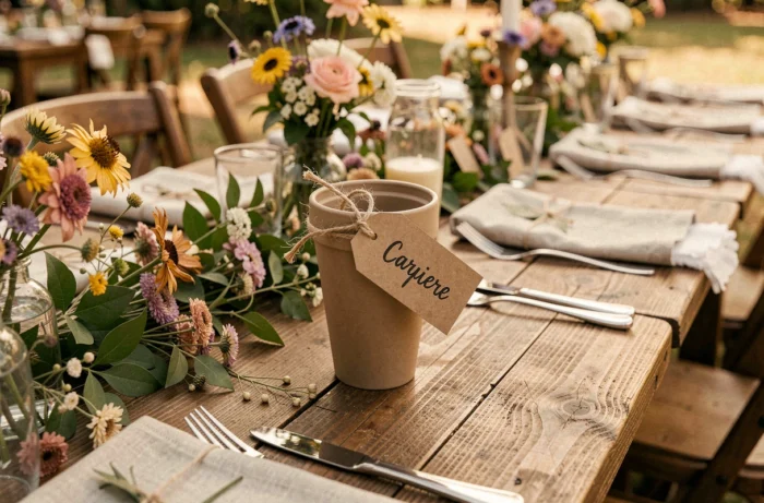 Ecocup personnalisé servant de marque-place sur une table de mariage rustique, avec un tag en kraft calligraphié attaché à la poignée