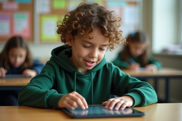 Élève dyslexique utilisant une tablette numérique adaptée en classe inclusive avec interface grande police