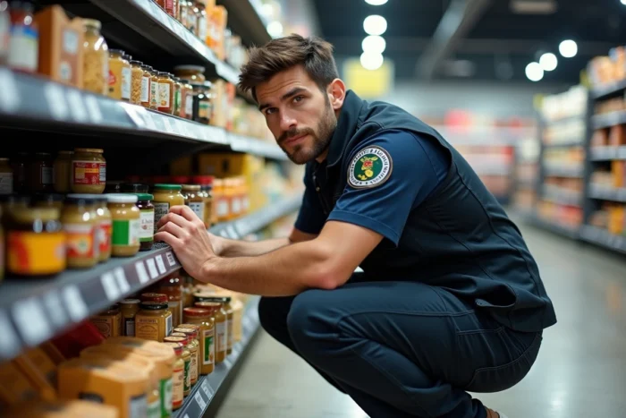 Employé de supermarché en train de réapprovisionner le rayon tahini et produits du Moyen-Orient