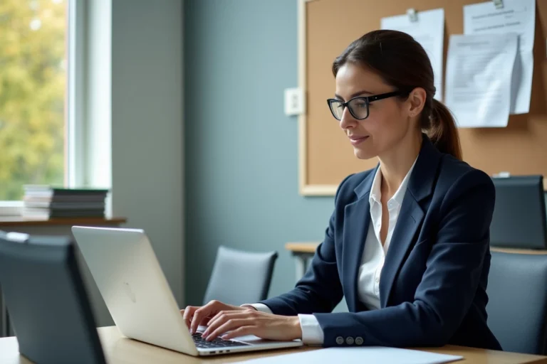 Enseignante de l'académie de Créteil consultant sa messagerie mail académique sur un ordinateur portable dans son bureau administratif