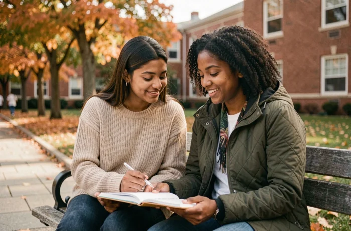 Deux étudiantes s'entraident pour réviser sur un banc du campus en automne, symbolisant le tutorat entre pairs et la solidarité universitaire