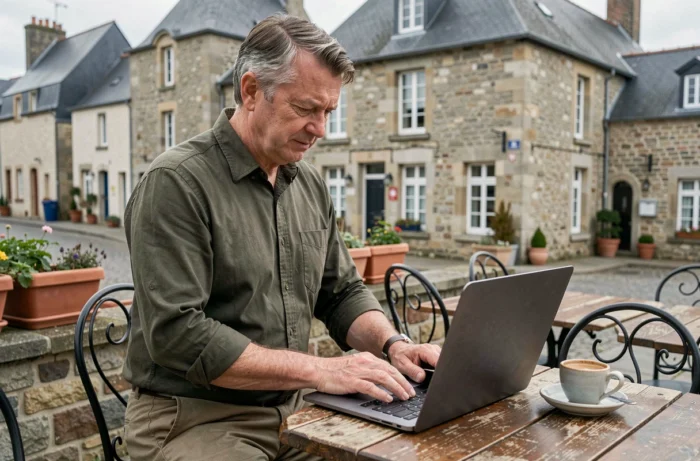 Entrepreneur consultant travaillant sur son ordinateur portable en terrasse dans le centre historique de Saint-Malo