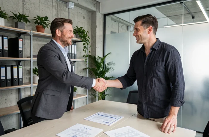 Deux entrepreneurs signant un contrat commercial dans un espace de co-working, symbolisant un accord juridique pour le développement d'entreprise