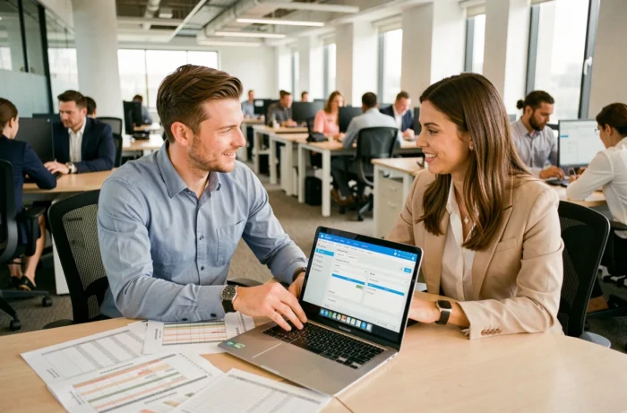Deux professionnels de la finance collaborant sur des logiciels de consolidation et des grilles salariales dans un open space moderne