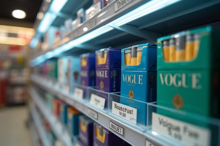 Étagère de bureau de tabac présentant les différentes variantes de couleurs de cigarettes Vogue