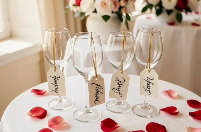 Verres à vin avec des étiquettes calligraphiées suspendues au pied par un fin ruban doré, portant les prénoms des invités
