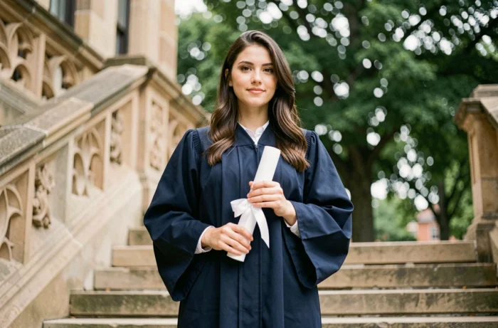 Jeune diplômée en robe académique tenant son diplôme sur les marches d'une université