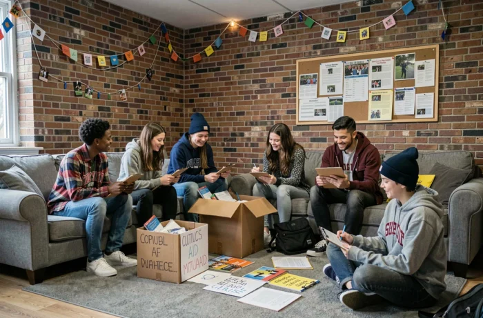 Groupe d'étudiants organisant une action d'entraide communautaire dans une salle commune de foyer universitaire, avec des boîtes de dons et des affiches