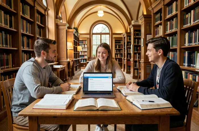 Groupe d'étudiants en master travaillant ensemble dans une bibliothèque universitaire