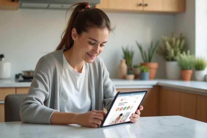 Femme explorant la structure d'un site de babysitting sur tablette dans une cuisine moderne