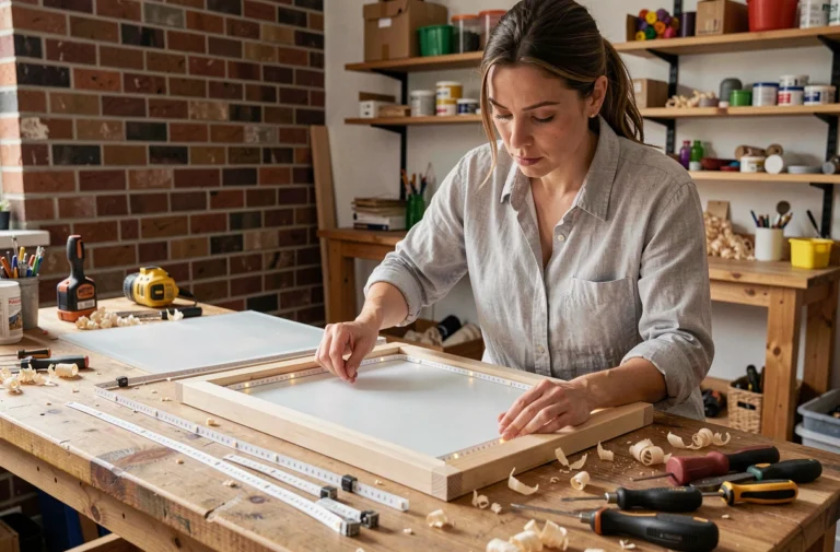 Femme assemblant une table lumineuse DIY sur un établi en bois avec des rubans LED et une feuille acrylique dépoli