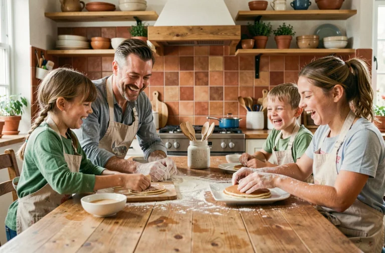Famille réunie dans la cuisine pour préparer des crêpes ensemble le dimanche matin, ambiance chaleureuse et conviviale