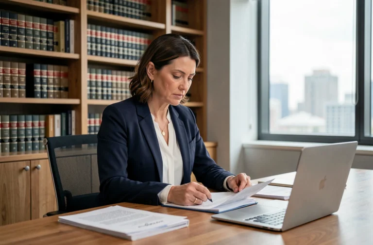 Femme d'affaires consultant des documents juridiques dans un bureau moderne pour le développement de son entreprise