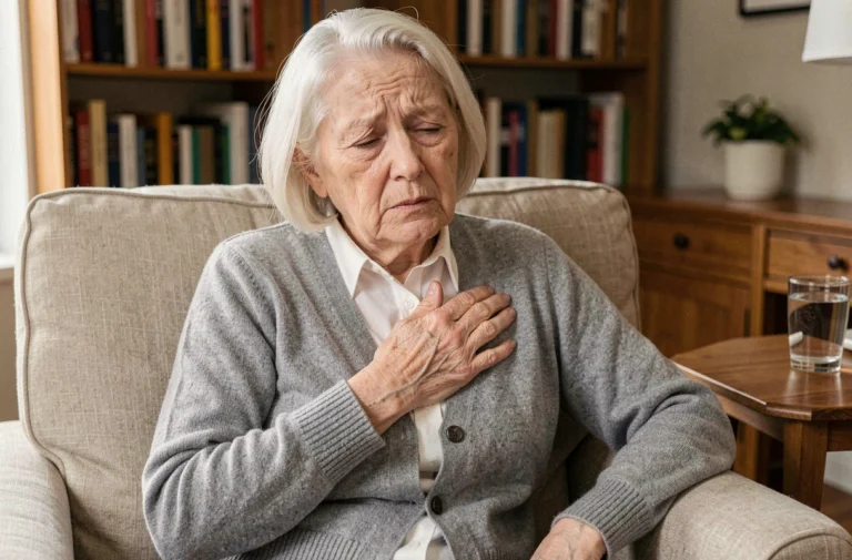 Femme âgée assise dans un fauteuil tenant sa main sur sa poitrine, signe précurseur d'insuffisance cardiaque