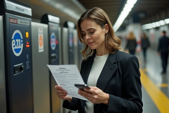 Femme consultant une amende RATP près des portiques de validation dans une station de métro