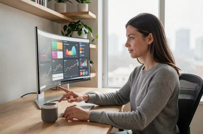 Femme travaillant dans un bureau connecté moderne avec écran ultrawide et enceinte intelligente, ambiance minimaliste scandinave