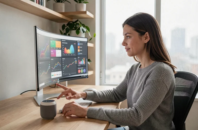 Femme travaillant dans un bureau connecté moderne avec écran ultrawide et enceinte intelligente, ambiance minimaliste scandinave