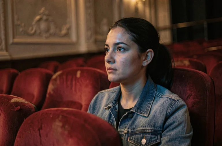 Femme absorbée par un film dans une salle de cinéma indépendante aux fauteuils en velours rouge
