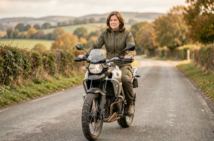Femme de 50 ans à moto sur une route de campagne, équipée d'une veste textile verte