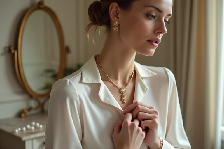 Femme élégante portant un collier pendentif en or style Torrente dans un dressing parisien au décor minimaliste