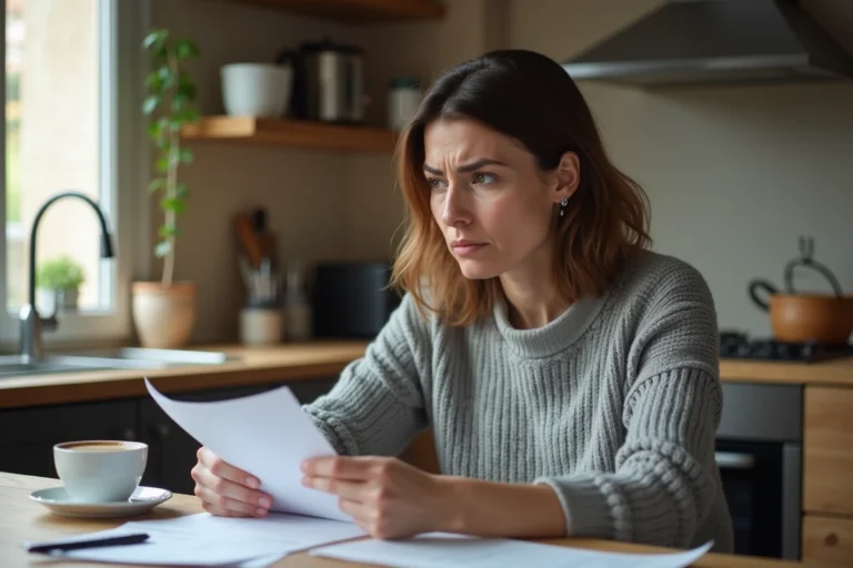 Femme consultant ses fiches de paie à la table de cuisine pour vérifier son éligibilité à la prime d'activité
