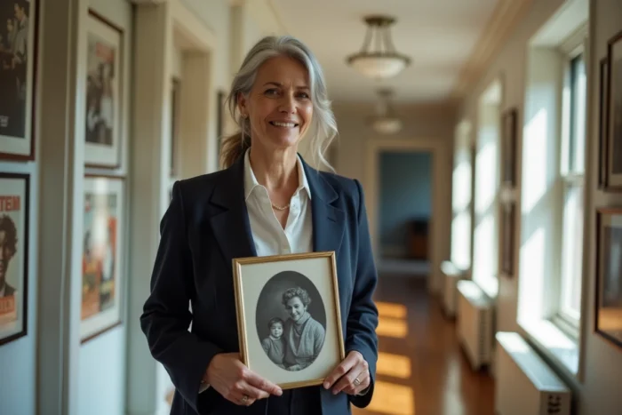 Femme distinguée tenant un portrait de famille en noir et blanc dans un couloir orné de souvenirs et d'affiches vintage, symbolisant l'héritage familial et les secrets de la vie privée de l'épouse de Walt Disney