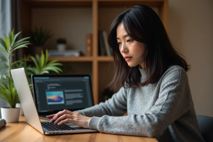Femme utilisant Framapad sur un ordinateur portable pour insérer une image dans un document collaboratif