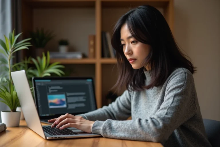 Femme utilisant Framapad sur un ordinateur portable pour insérer une image dans un document collaboratif