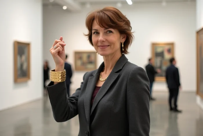 Femme portant un bracelet manchette doré Torrente dans une galerie d'art contemporaine au style épuré