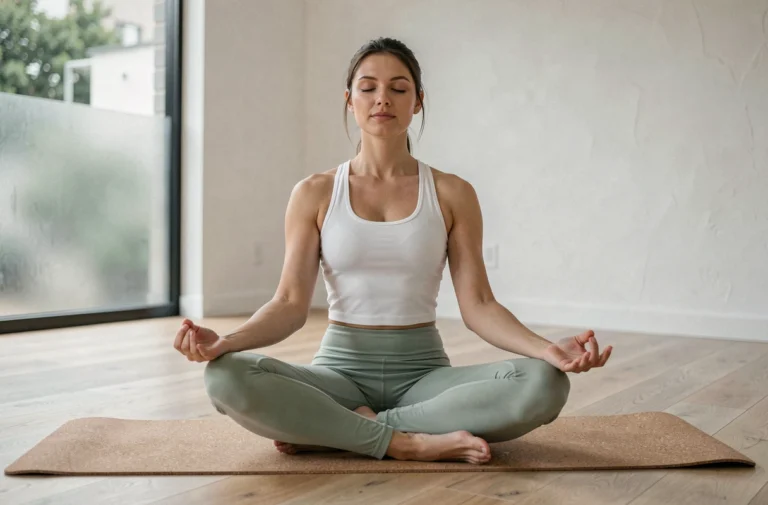 Femme en position de méditation lotus sur un tapis de yoga en liège dans un studio minimaliste