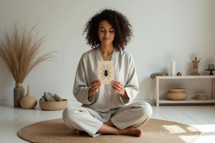 Femme méditant dans une pièce minimaliste tenant une carte illustrée de symboles animaux dont une puce, ambiance spirituelle apaisante