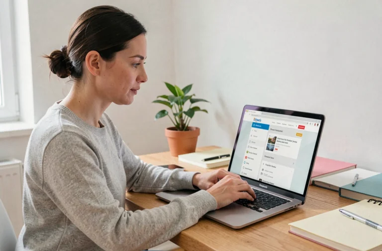 Femme naviguant sur un site d'actualités depuis son bureau à domicile, explorant les rubriques et thématiques disponibles