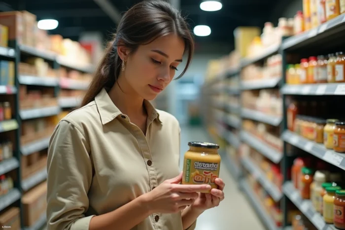 Femme examinant un pot de tahini dans le rayon condiments d'une grande surface