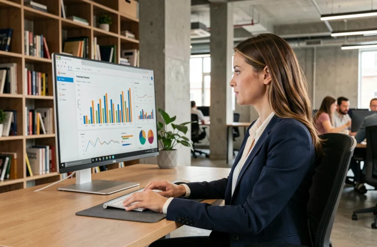 Professionnelle analysant des statistiques de visibilité d'annonces en ligne sur un écran d'ordinateur dans un bureau moderne