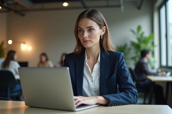 Femme professionnelle en blazer marine optimisant son profil LinkedIn sur un ordinateur portable dans un espace de coworking moderne