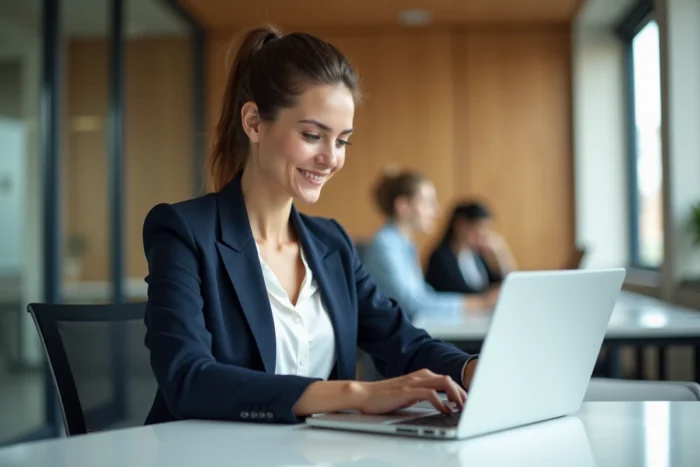 Femme professionnelle rédigeant un e-mail avec une formule de politesse moderne sur un ordinateur portable dans un bureau contemporain