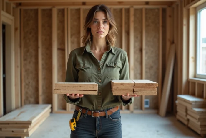 Femme en chantier de rénovation comparant une planche de chêne brut et une planche raboté pour choisir selon son budget