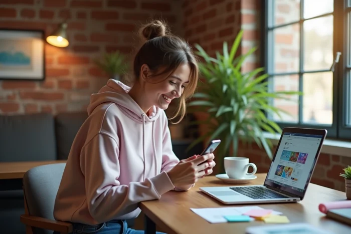 Jeune femme souriante parcourant des tendances virales sur son smartphone dans un bureau à domicile moderne
