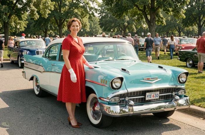 Femme en robe vintage posant à côté d'une Chevrolet Bel Air 1957 lors d'un salon de voitures de collection