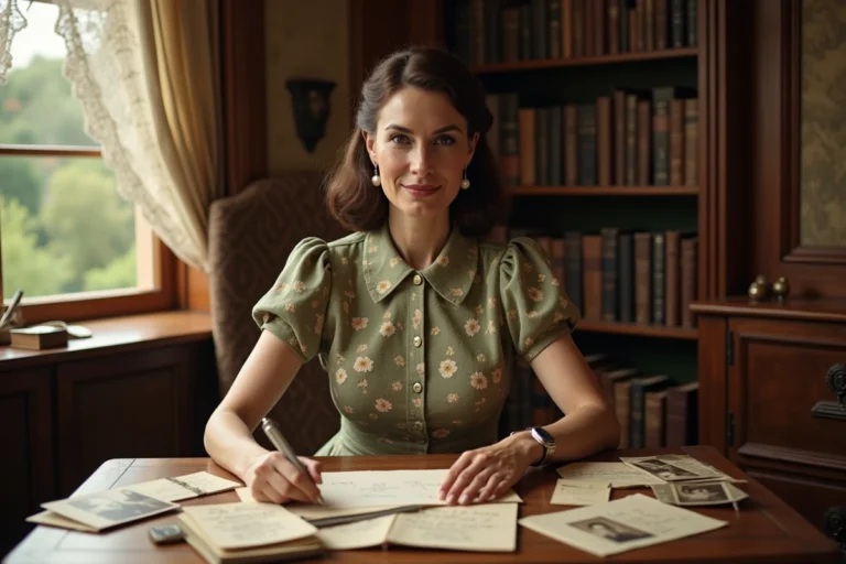 Femme élégante des années 1940 assise à un bureau en bois vintage entouré de lettres manuscrites et de photos de famille en sépia, évoquant la vie privée de l'épouse de Walt Disney